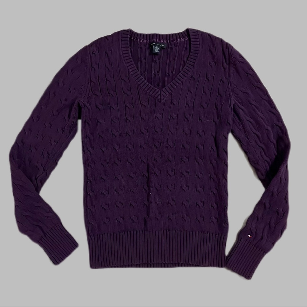 NWOT Tommy Hilfiger Ribbed Cable Knit V-Neck Sweater Eggplant Purple Size Small